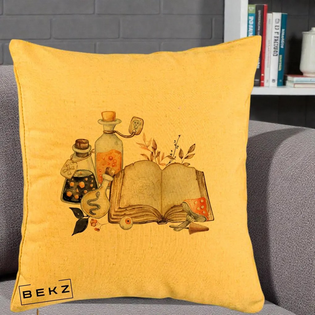 Perna Decorativa Grimoire Vrajitoare si Filtre Magice Halloween, 40x40 cm, Galben, Husa Detasabila, Perna Inclusa, BEKZ®