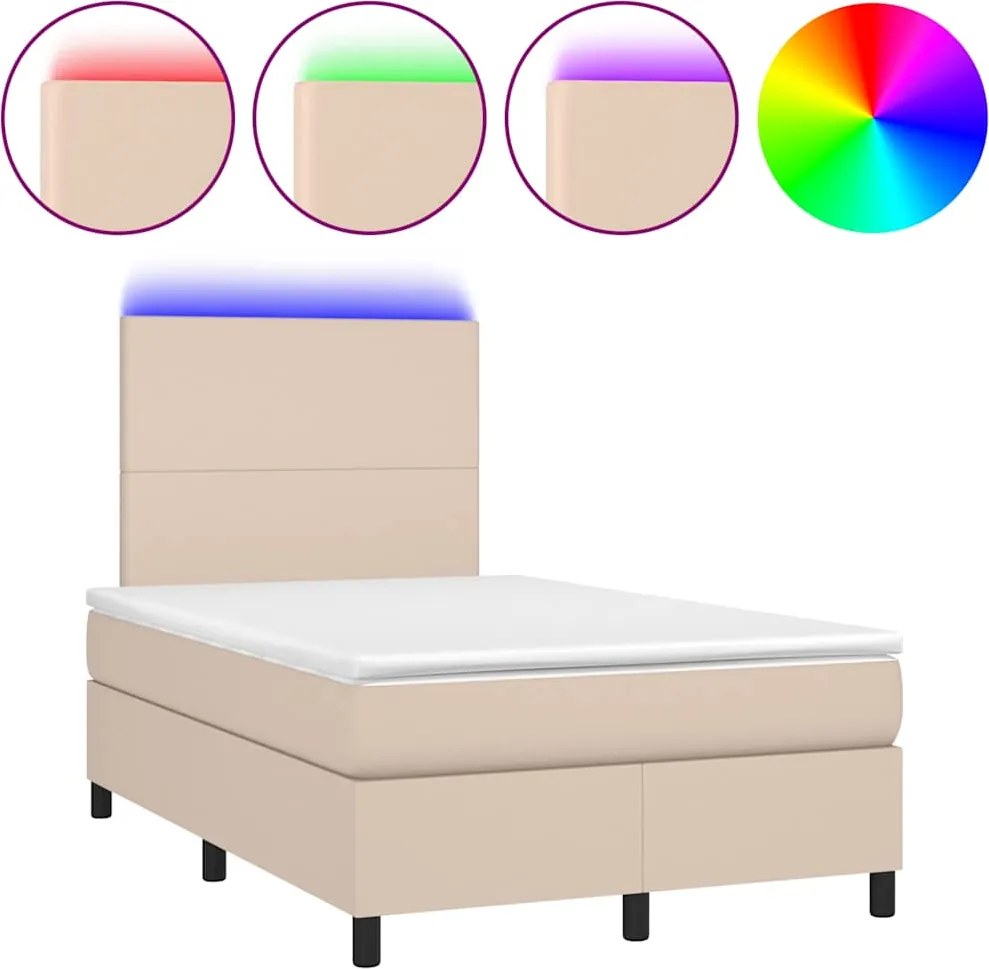 vidaXL Pat cu arcuri, cu saltea și LED cappuccino 120x190 cm piele eco