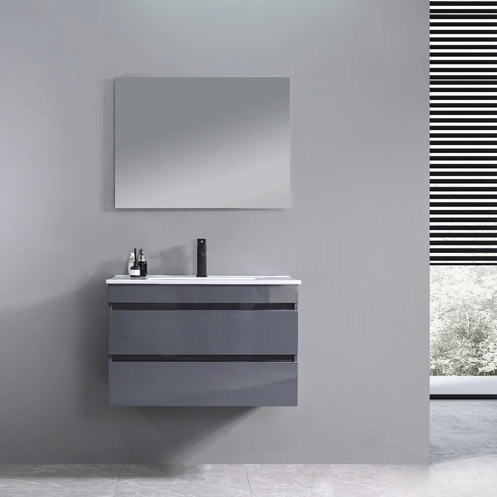 Mobilier de baie Cube, chiuvetă ceramică 80 cm, oglindă cu 2 sertare, 60x80 cm, gri antracit