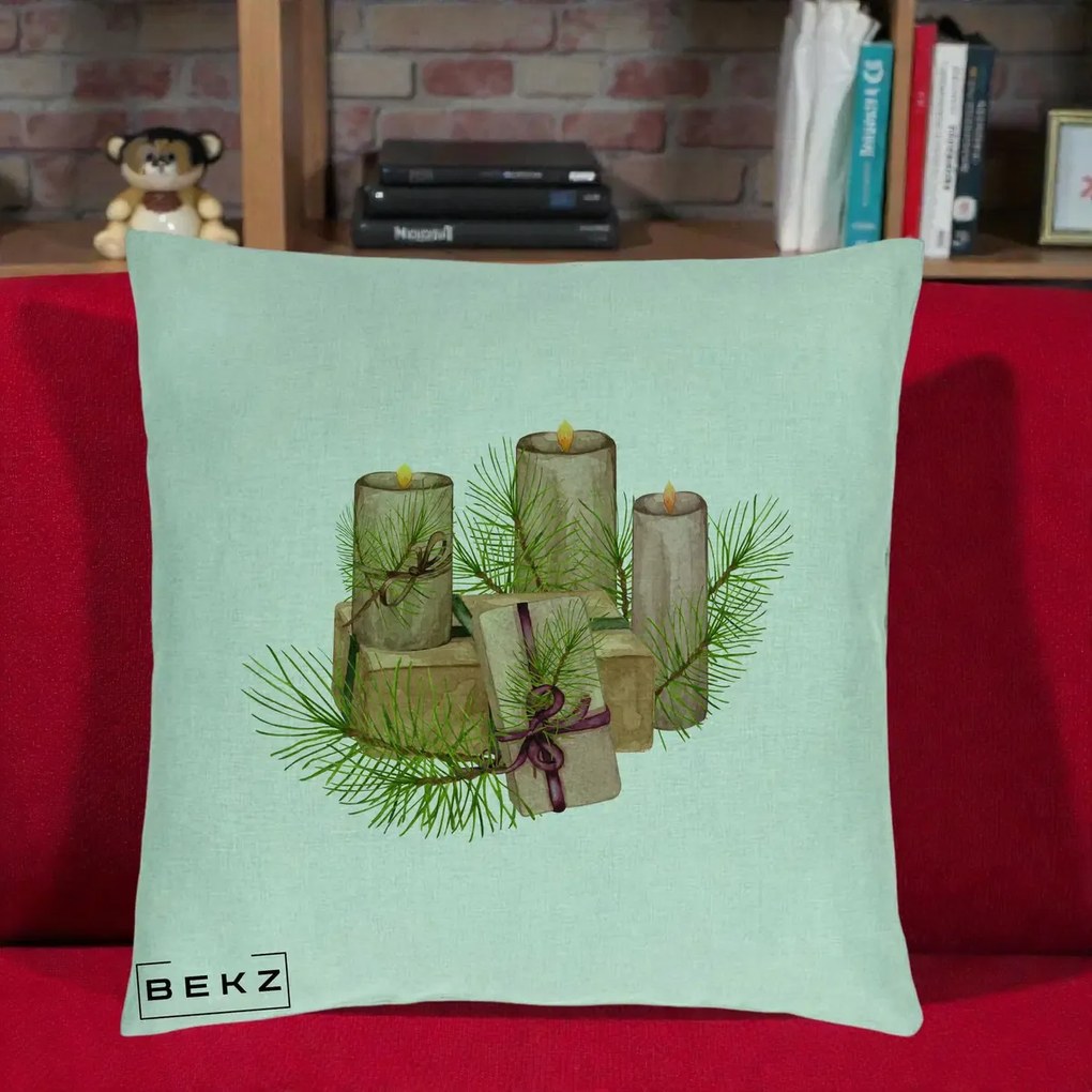 Perna Decorativa Lumanari cu Cadouri Naturale, 40x40 cm, Verde Menta, Husa Detasabila, Perna Inclusa, BEKZ®