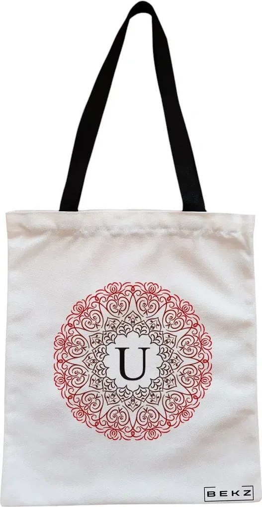 Sacosa de Panza pentru Cumparaturi, Geanta Tote, Cu litera U si Mandala, Cu fermoar, 38x34.5 cm, Alba, BEKZ®