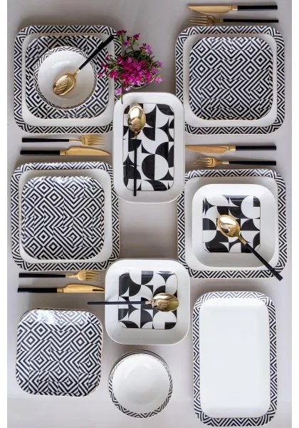 Set veselă 26 piese, porțelan, alb/negru