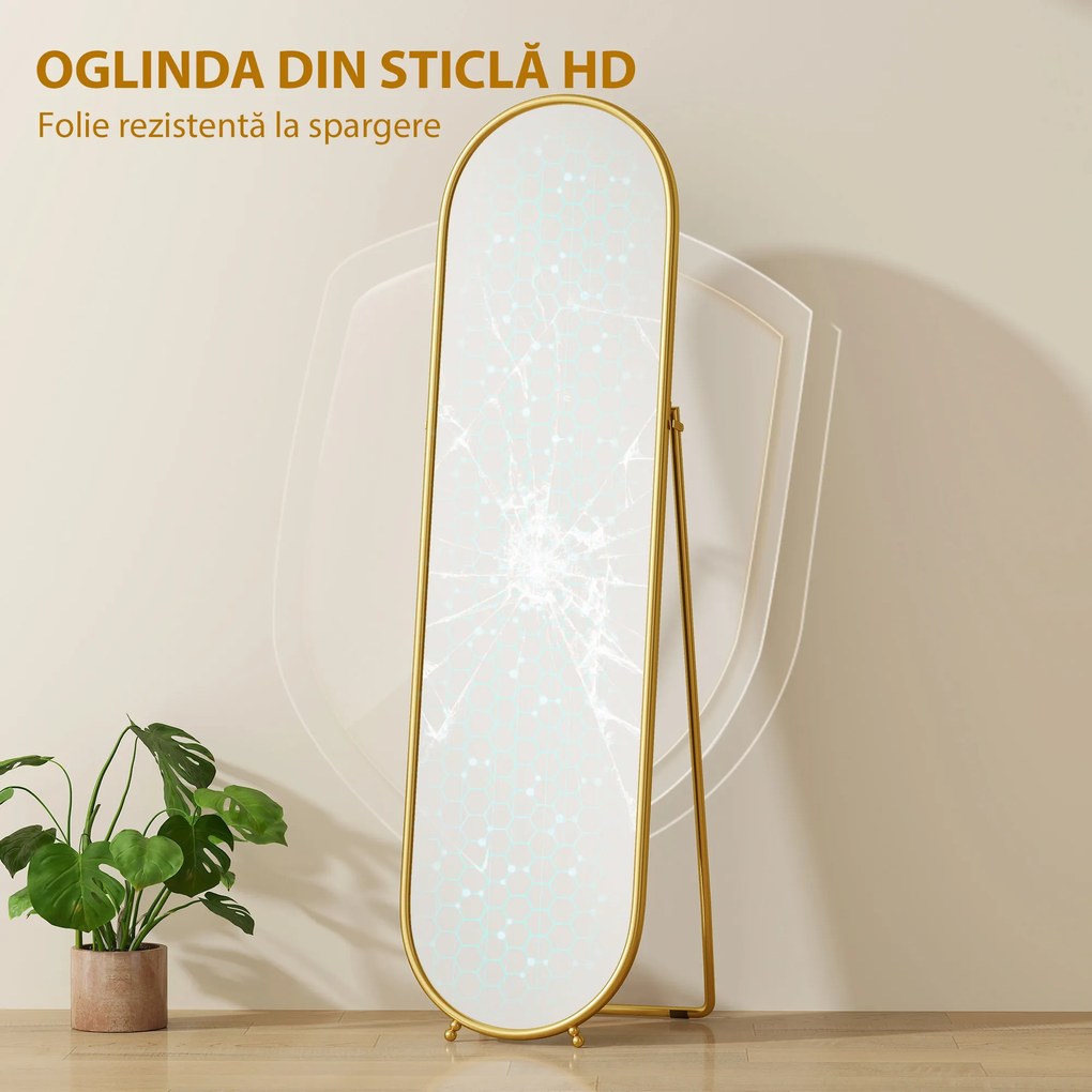 HOMCOM Oglindă Înaltă cu Cadru de Susținere, Oglindă Ovală pentru Dormitor sau Living, 40x4x160 cm, Auriu | Aosom Romania