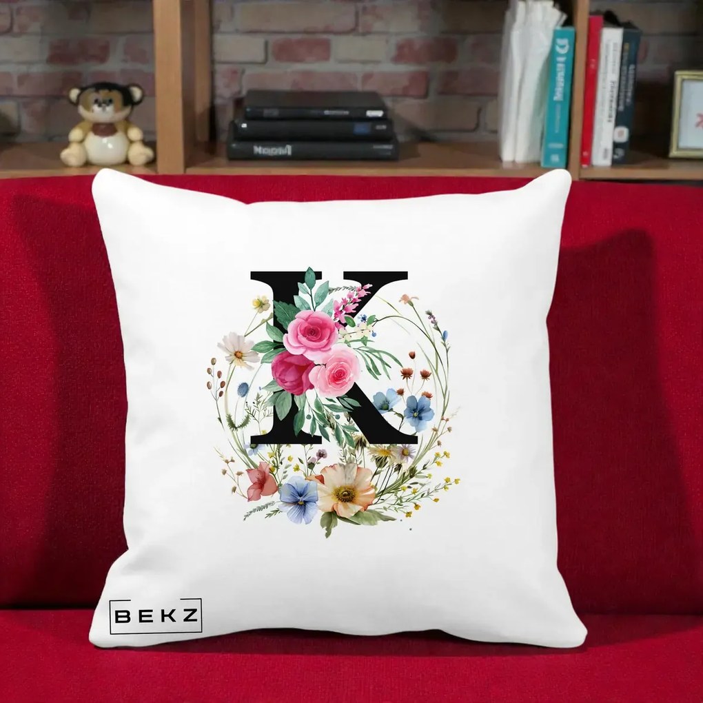 Cadou Personalizat - Perna Personalizata Monogram Litera K cu Flori Acuarela, 40x40 cm, Alba Mata, Husa Detasabila, Perna Inclusa, BEKZ®