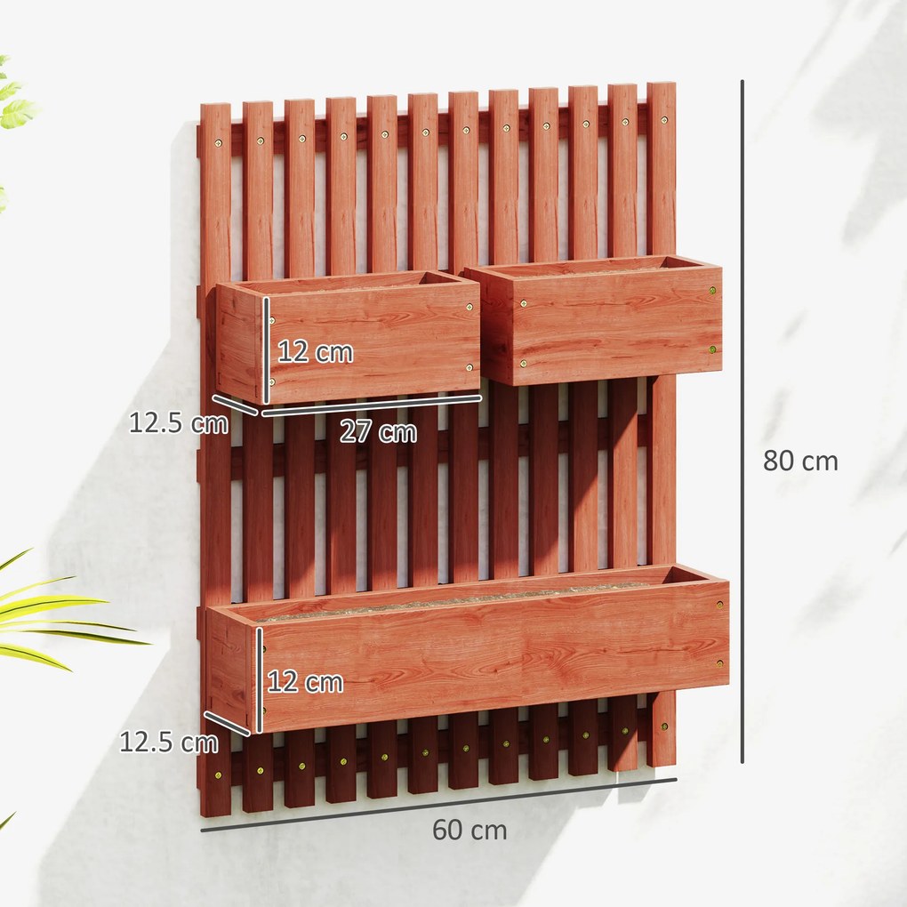 Outsunny Jardinieră Verticală cu Șipci și 3 Vase Detașabile, în Lemn de Brad, 60x16x80 cm, Maro | Aosom Romania
