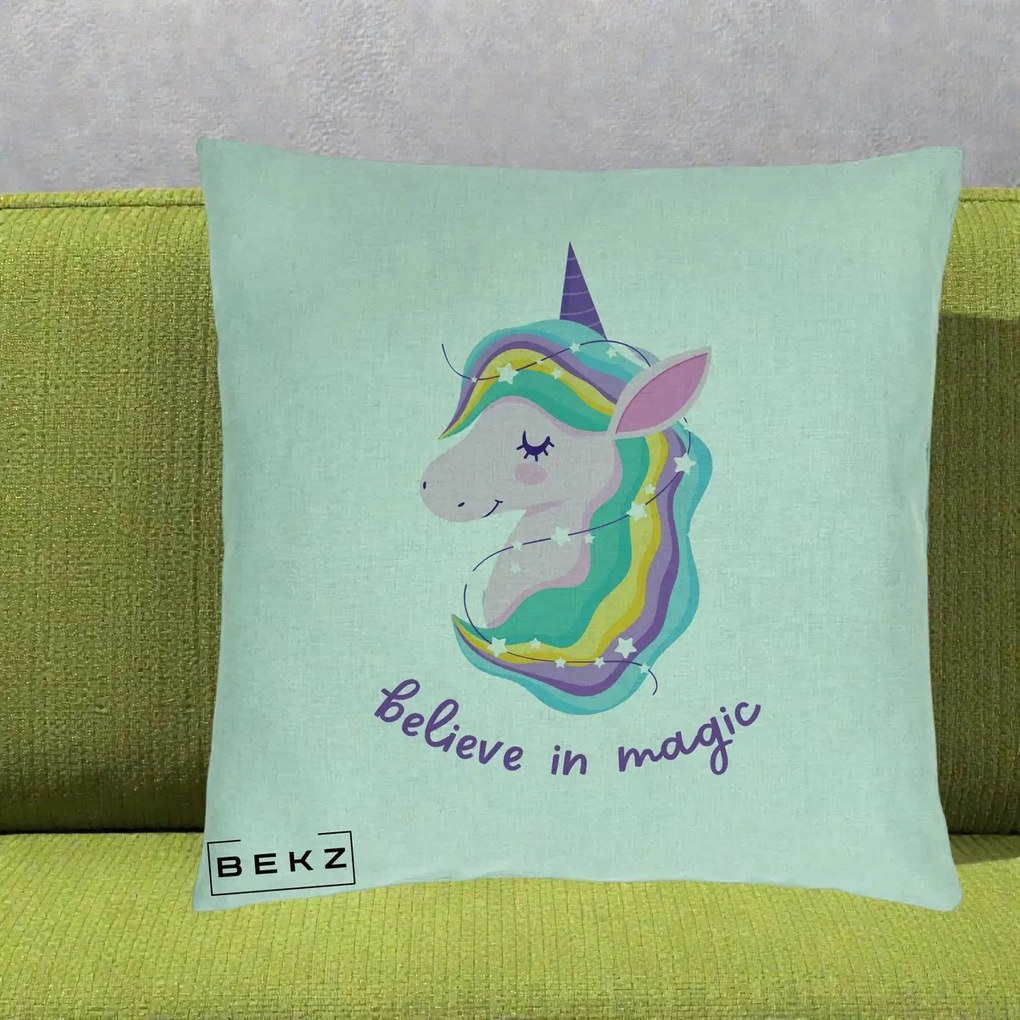 Perna Decorativa Unicorn Believe in Magic, 40x40 cm, Verde Menta, Husa Detasabila, Perna Inclusa, BEKZ®