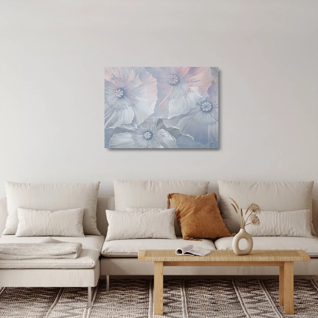 Tablou pe sticlă - Flori albastre pe perete (70x50 cm)