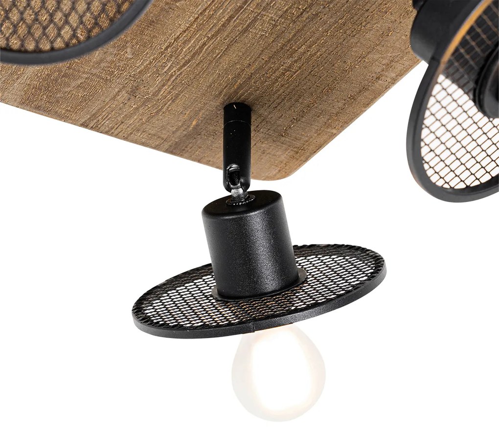 Plafoniera industriala neagra cu lemn 4 lumini - Jasmine