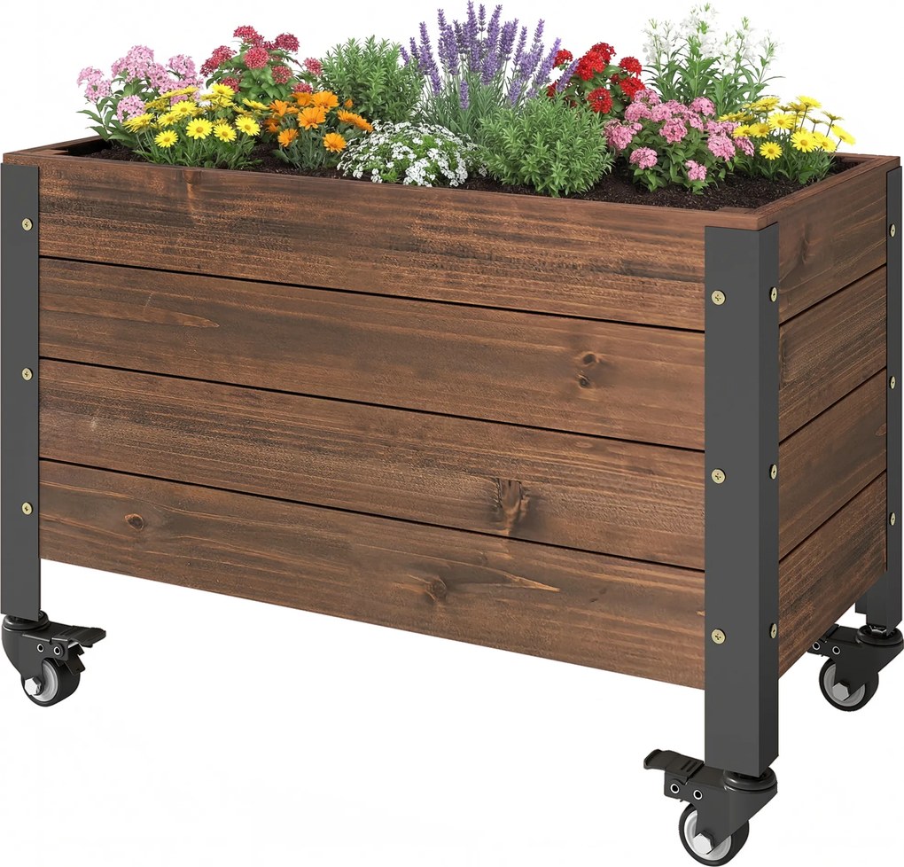 Outsunny Jardinieră înălțată din lemn cu roți, pat de grădină dreptunghiular, 60 x 30 x 41 cm, maro | Aosom Romania