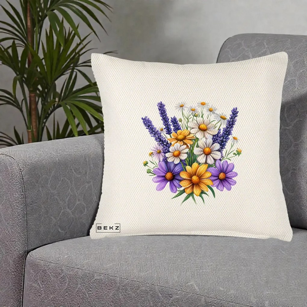 Perna Decorativa Lavanda Musetel si Flori Mov, 40x40 cm, Crem Reliefat, Husa Detasabila, Perna Inclusa, BEKZ®