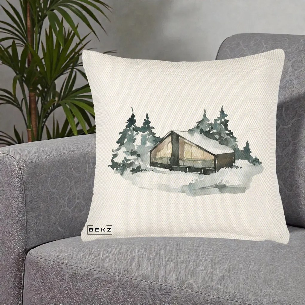 Perna Decorativa Cabana de Iarna in Padure, 40x40 cm, Crem Reliefat, Husa Detasabila, Perna Inclusa, BEKZ®