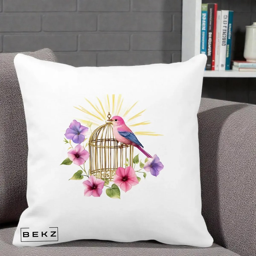 Perna Decorativa Pasare Roz pe Colivie Aurie cu Flori, 40x40 cm, Alba Mata, Husa Detasabila, Perna Inclusa, BEKZ®