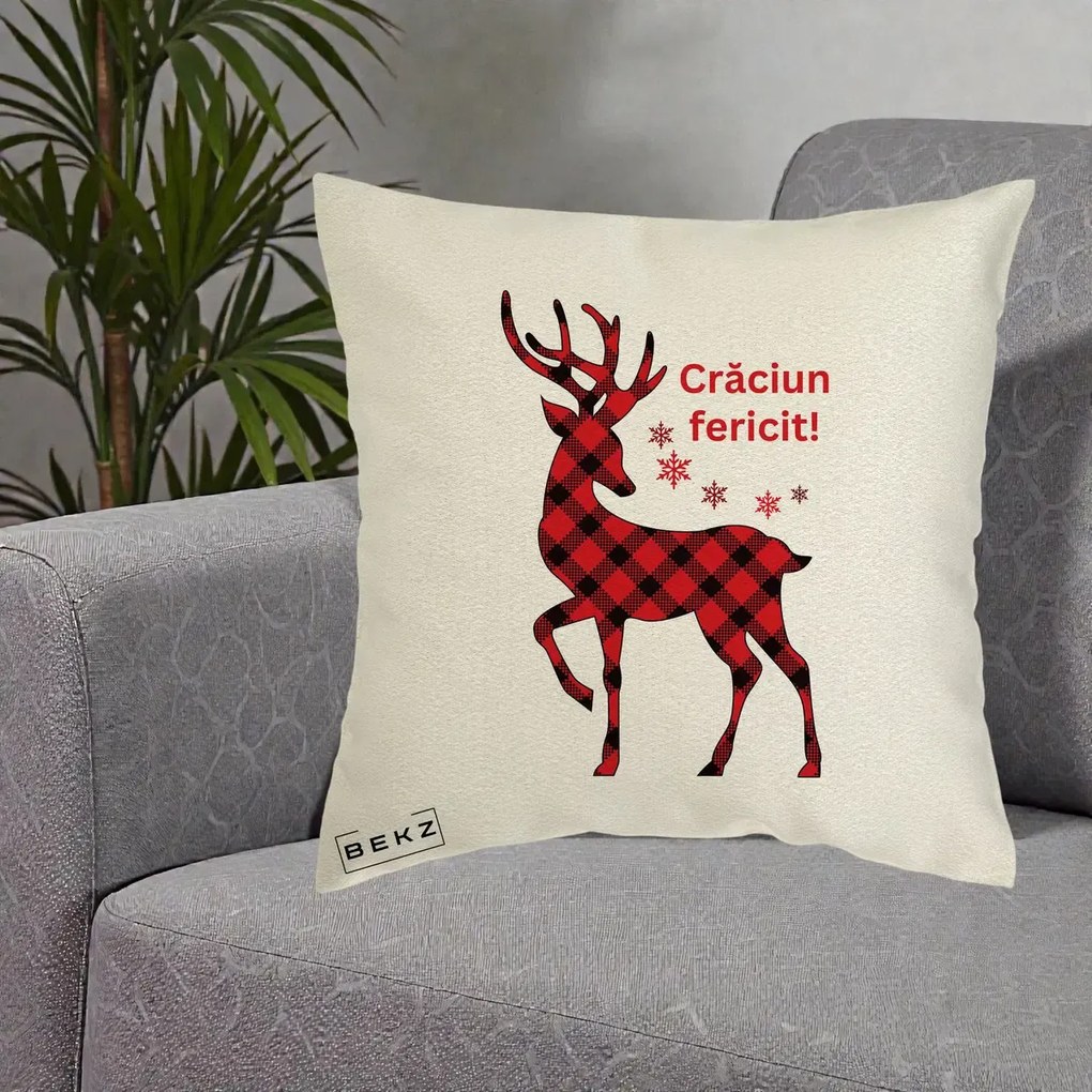 Perna Decorativa Ren Tartan Craciun Fericit, 40x40 cm, Ecru, Husa Detasabila, Perna Inclusa, BEKZ®