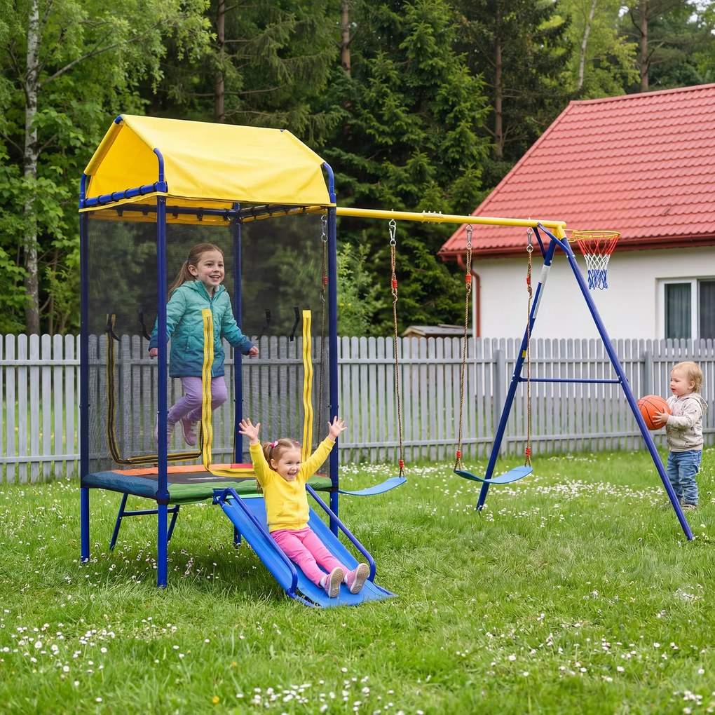 Dispozitiv multifuncțional 4-în-1 pentru exterior pentru copii, trambulină cu plasă de siguranță, pentru 3–8 ani, 336x217x238 cm, Multicolor