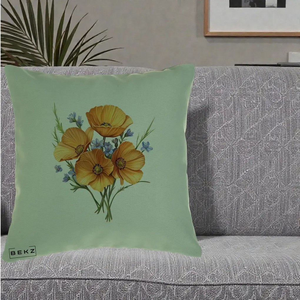 Perna Decorativa Maci Portocalii cu Floricele Albastre, 40x40 cm, Verde, Husa Detasabila, Perna Inclusa, BEKZ®