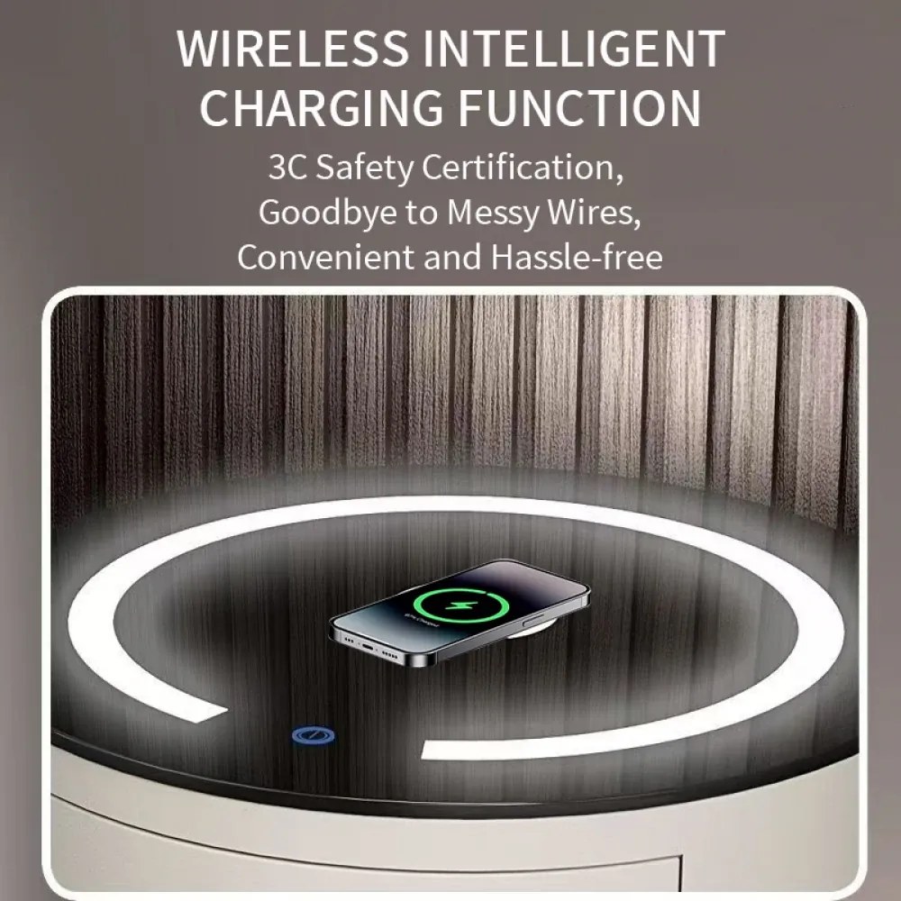 Noptieră inteligentă multifuncțională rotundă, 3 sertare, iluminare LED-uri Touch, încărcare fără fir, încărcare USB, difuzor Bluetooth, sticlă securizată, Alb