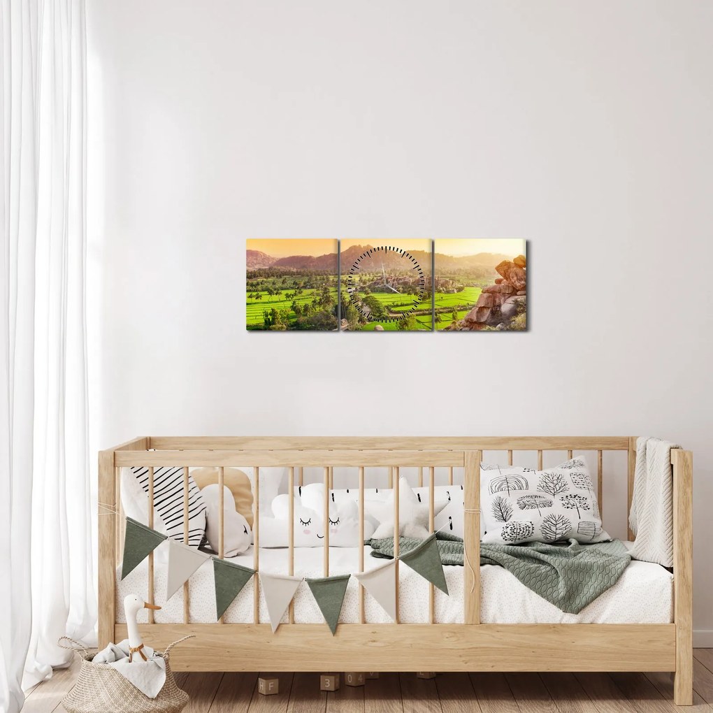 Tablou cu valea Hampi în India (cu ceas) (90x30 cm)
