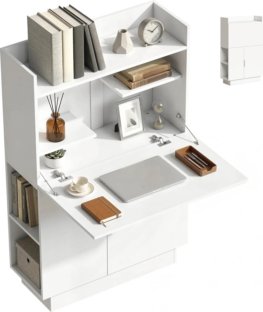 HOMCOM Birou pliant pentru calculator, birou pentru calculator cu blat rabatabil, rafturi și dulap, 80x30x128cm, alb | Aosom Romania