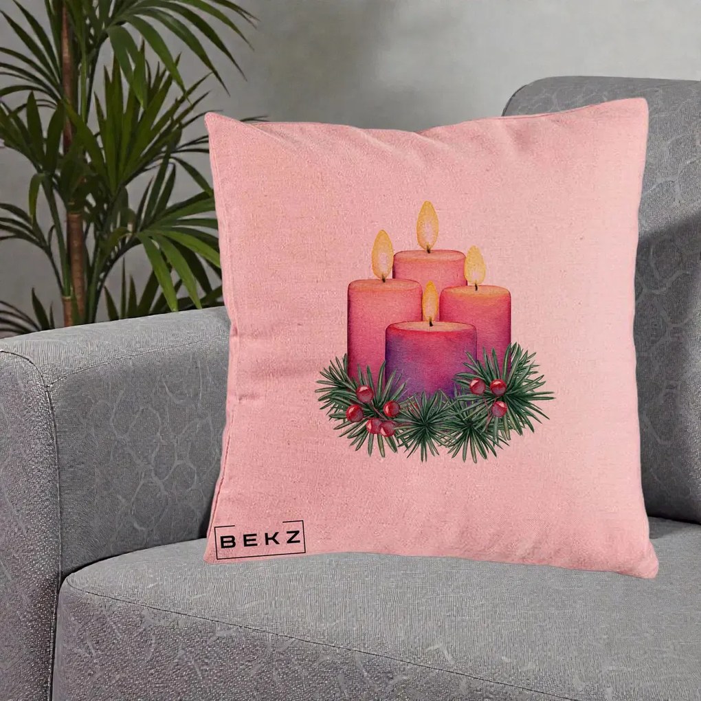 Perna Decorativa Lumanari Advent Roz-Violet, 40x40 cm, Roz, Husa Detasabila, Perna Inclusa, BEKZ®