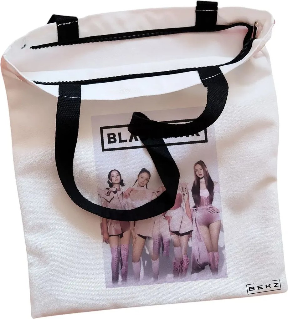 Sacosa de Panza pentru Cumparaturi, Geanta Tote, model Blackpink 10, Cu fermoar, 38x34.5 cm, Alba, BEKZ®