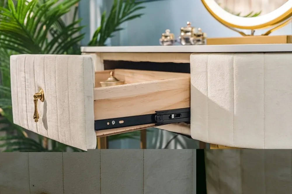 RESIGILAT- Set Bohemia Long, Masă de toaletă pentru machiaj cu oglindă iluminată LED, control touch, sertar, taburet, 100x40x75 cm, Bej