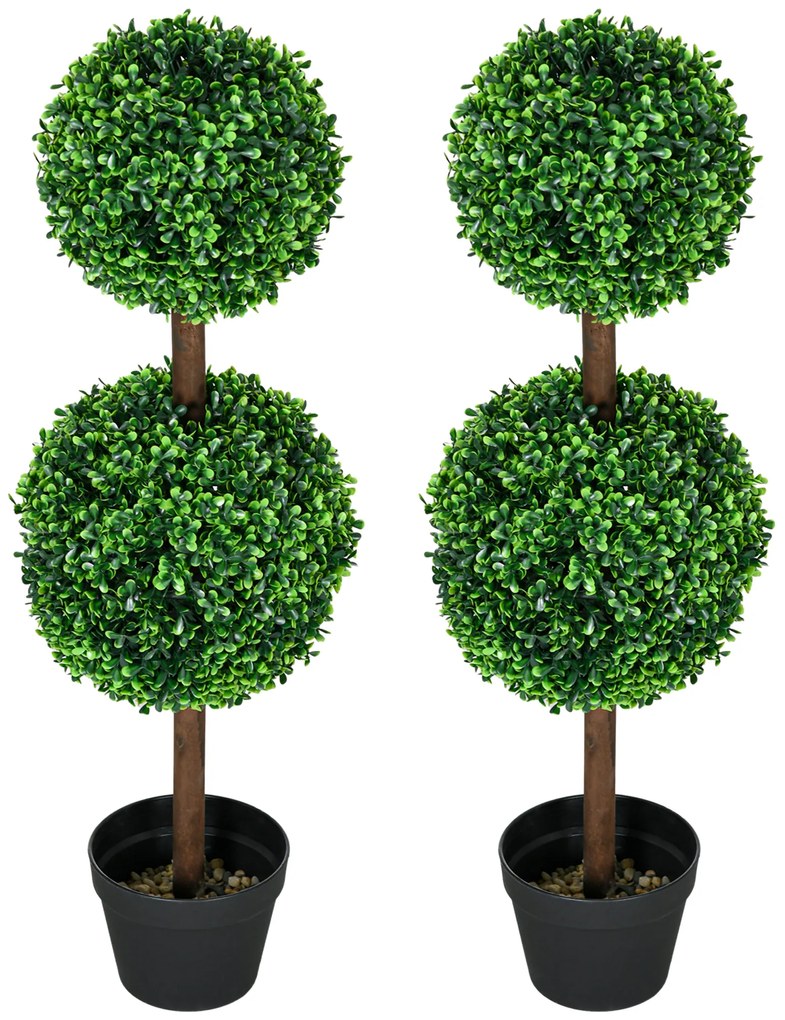 HOMCOM Set de 2 arbori buxus artificial cu dublă mingi cu trunchi și ghiveci inclus - înălțime 90 cm verde | Aosom Romania