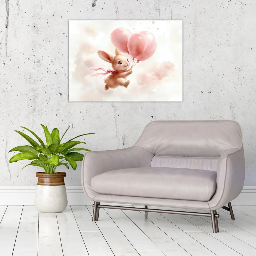 Tablou pe sticlă - Iepuraș cu Baloane (70x50 cm)
