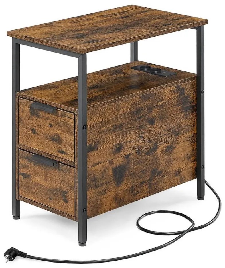 Masă laterală ROD cu prize integrate și porturi USB, maro/negru