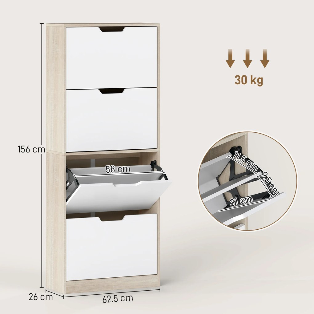 HOMCOM Dulap Subțire pentru Pantofi cu 4 Sertare pentru 16 de Perechi de Pantofi 62.5x26x156 cm, Culoare Lemn și Alb | Aosom Romania
