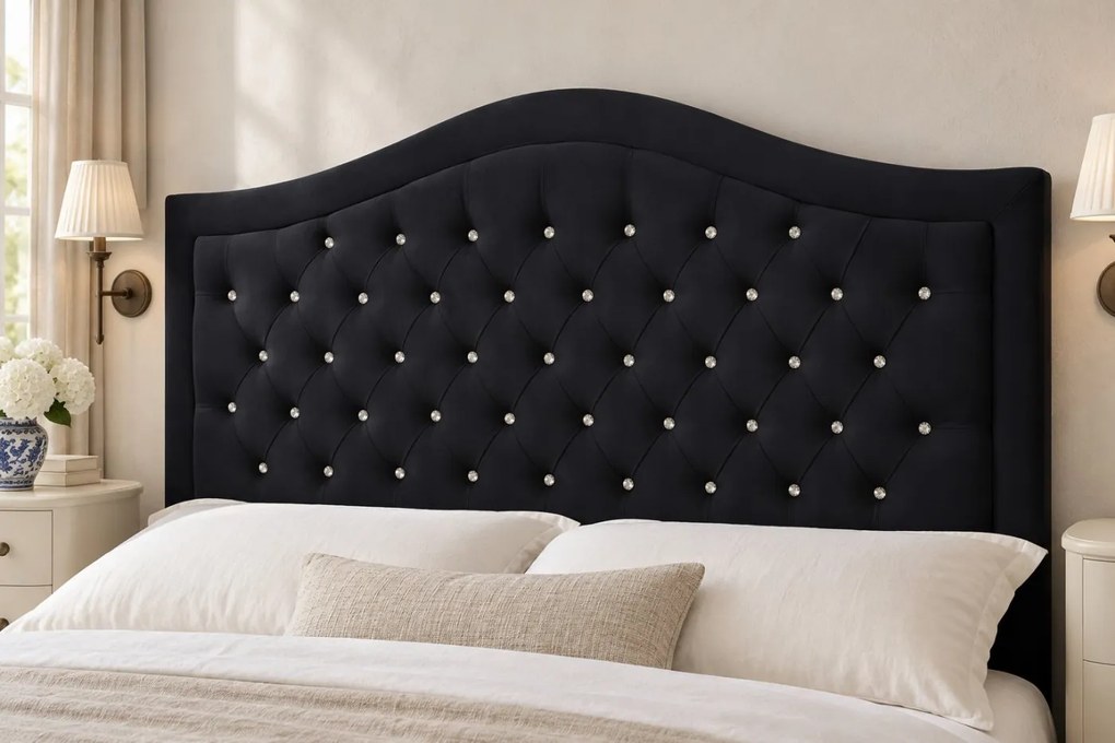 Pat tapițat Chesterfield din catifea Solaria Deluxe Cristal 200×200 cm, negru, cu ladă de depozitare