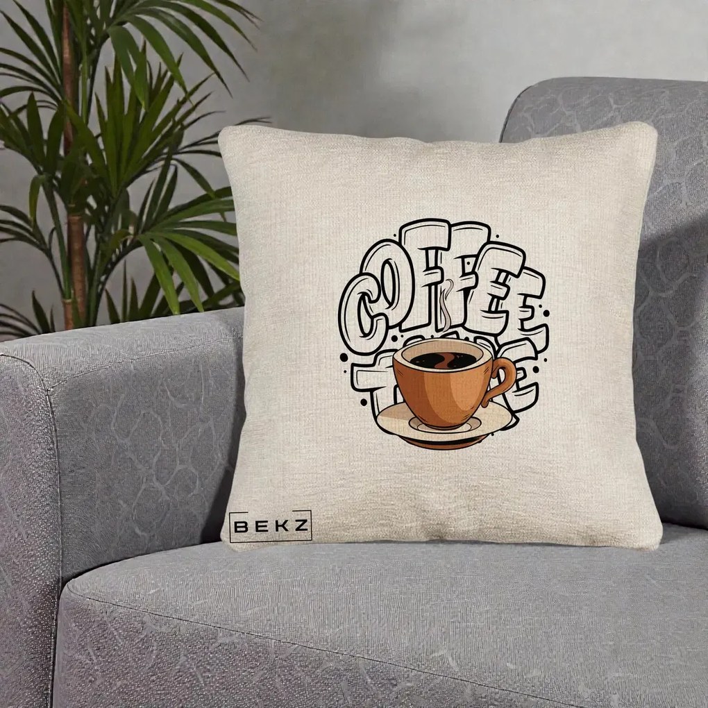 Perna Personalizata COFFEE cu Cana, 40x40 cm, Bej Canapea, Husa Detasabila, Perna Inclusa, BEKZ®