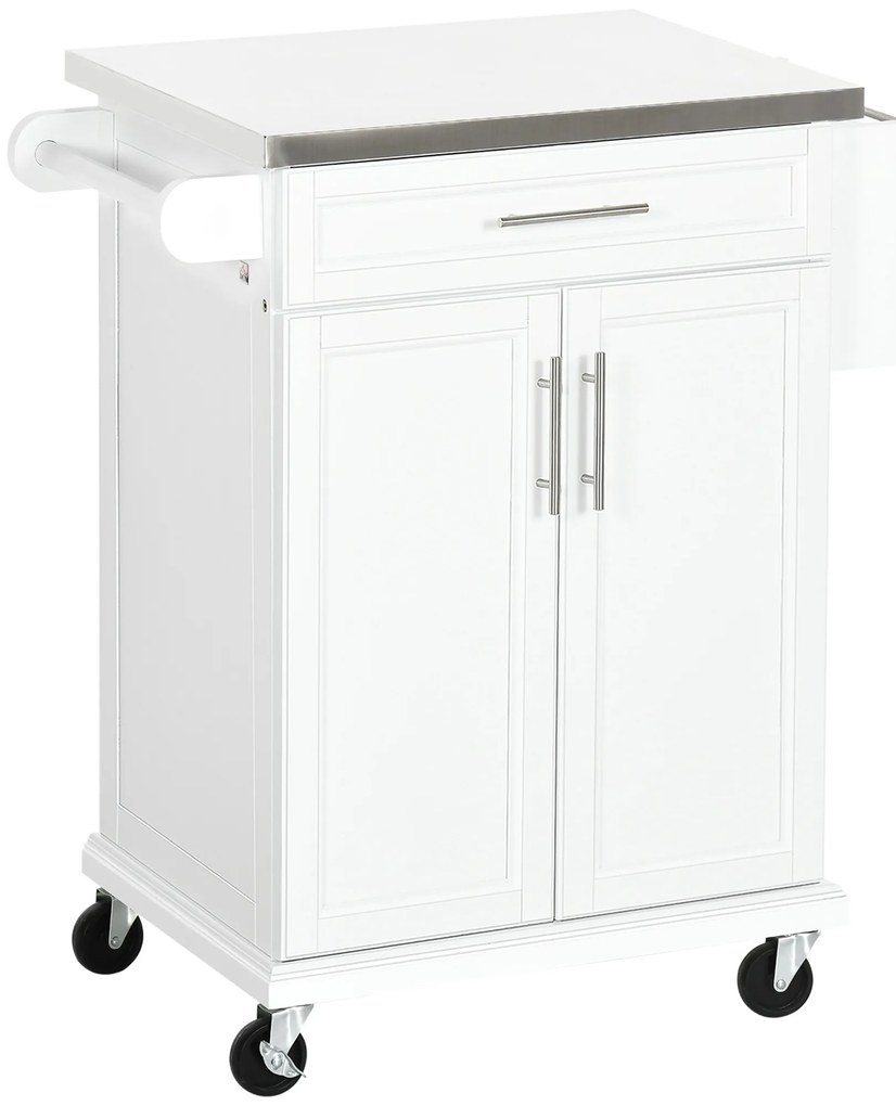 HOMCOM Masuta bucatarie cu rotile insula centrala de bucatarie cu blat din otel, raft reglabil, sertar, suport pentru condimente, alb | Aosom Romania
