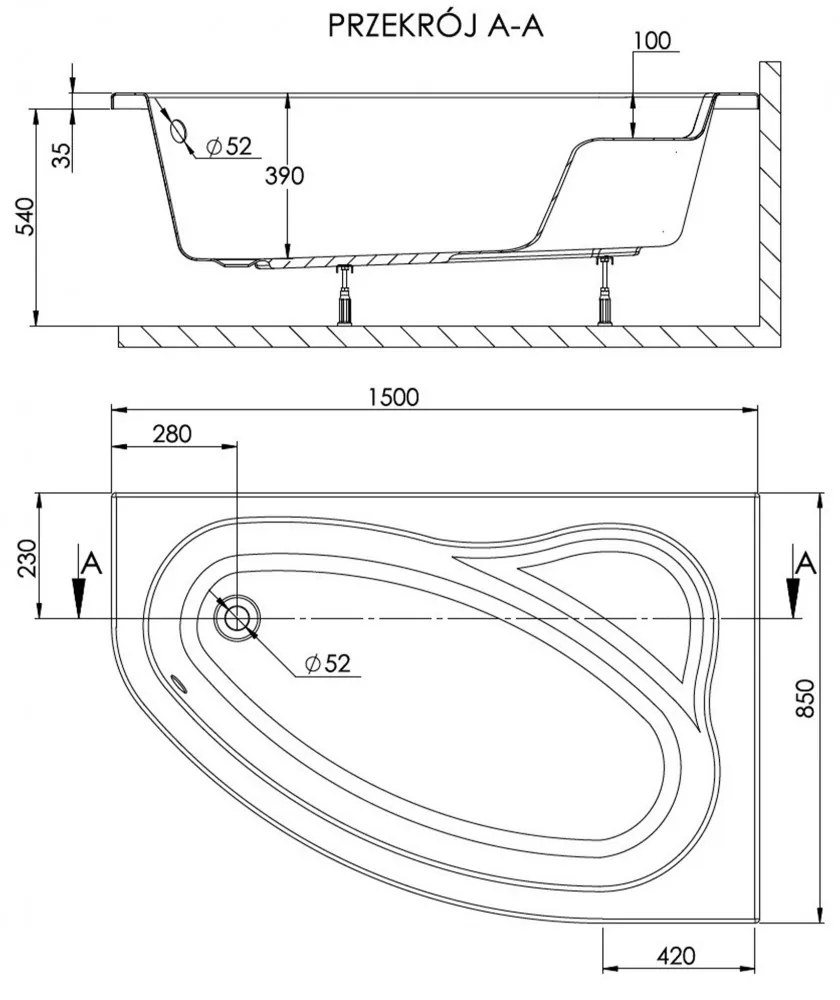 Cadă SIMPLA 85x150 asimetrică dreapta