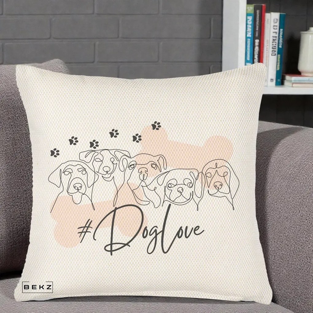 Perna personalizata Dog Love Linie Minimalista, 45x45 cm cu Umplutura, Crem Reliefat, BEKZ