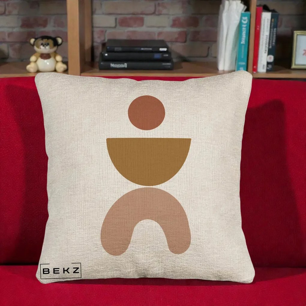 Perna Decorativa Geometric Boho Disc si Arc, 40x40 cm, Bej Canapea, Husa Detasabila, Perna Inclusa, BEKZ®