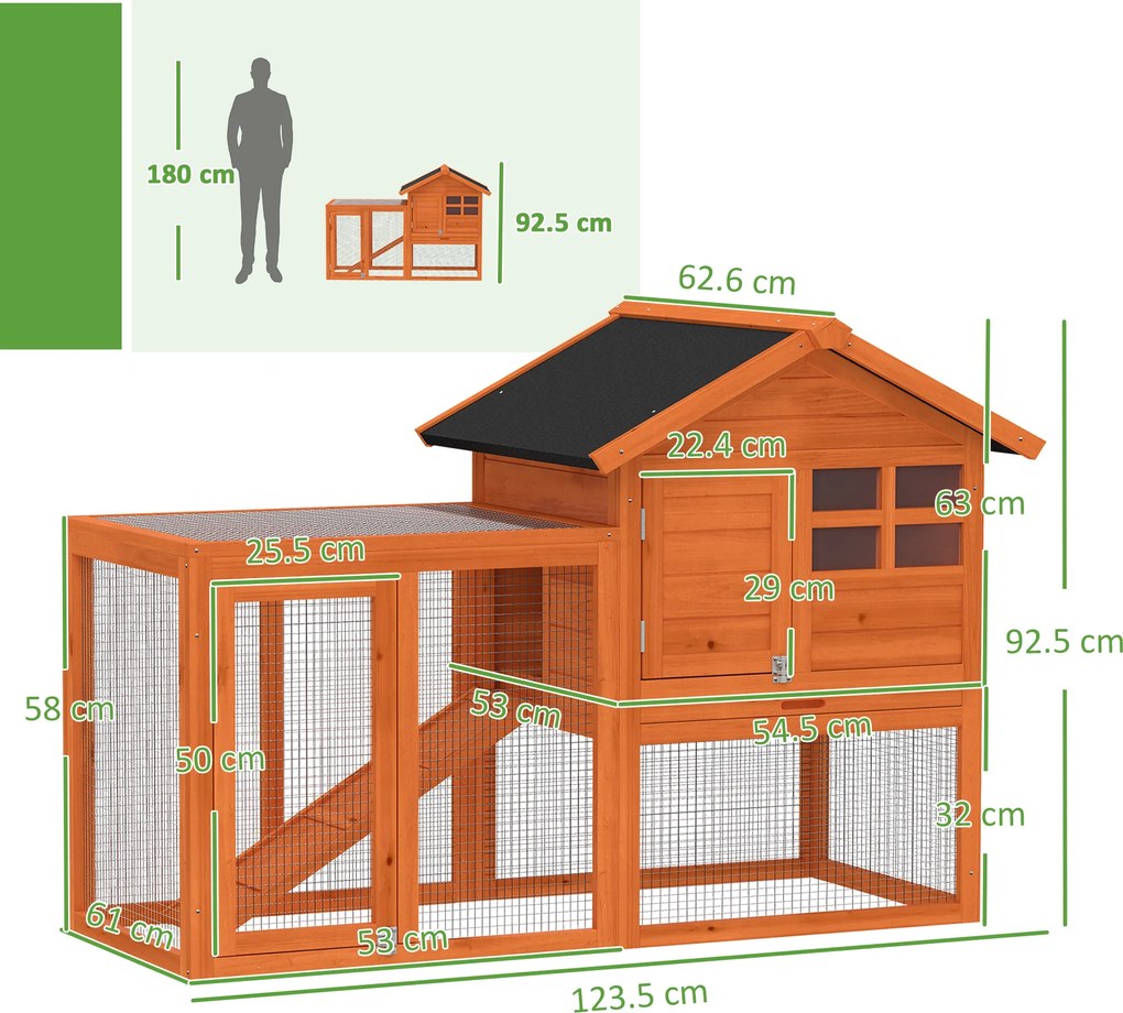 PawHut Coteț iepuri 2 etaje coteț cu acoperiș bituminos impermeabil parc exterior rampă uși lemn 123,5x62,6x92,5 cm Portocaliu | Aosom Romania