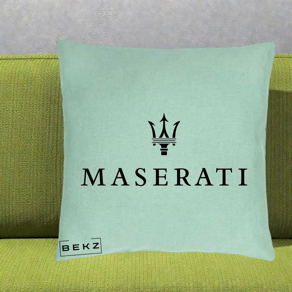 Perna Personalizata cu emblema Maserati, 40x40 cm, Verde Menta, Husa Detasabila, Perna Inclusa, BEKZ®