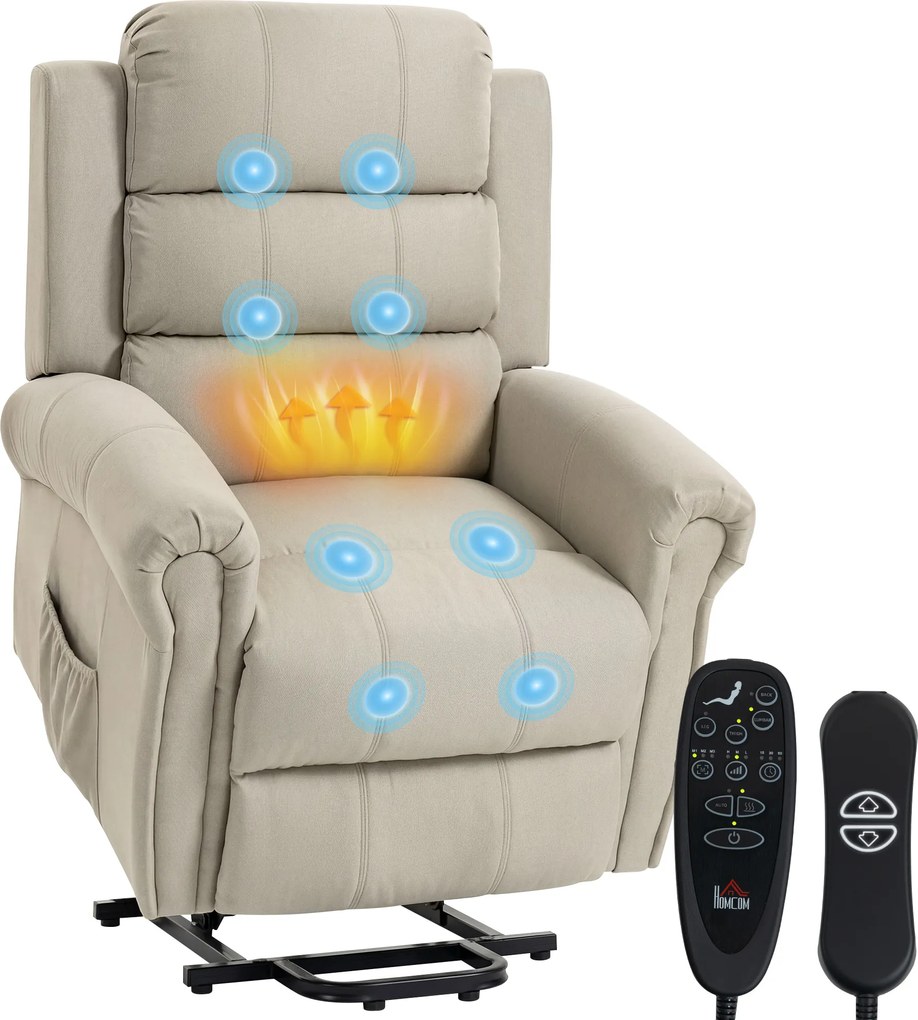 HOMCOM Fotoliu cu ridicare electrică, fotoliu relax electric cu funcție de masaj și încălzire, 87 x 87,5 x 108 cm, beige | Aosom Romania