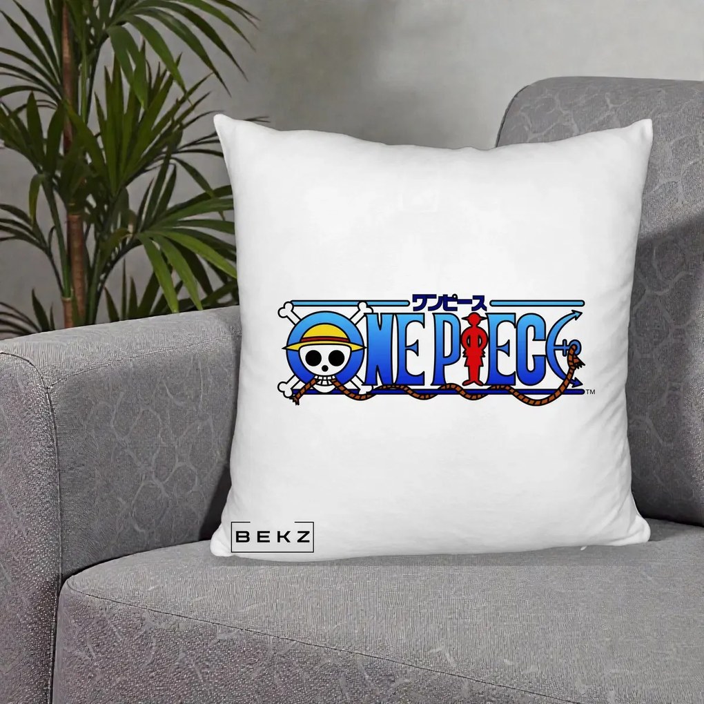 Perna Personalizata One Piece Clasic Albastru, 40x40 cm, Alb Pufos, Husa Detasabila, Perna Inclusa, BEKZ®