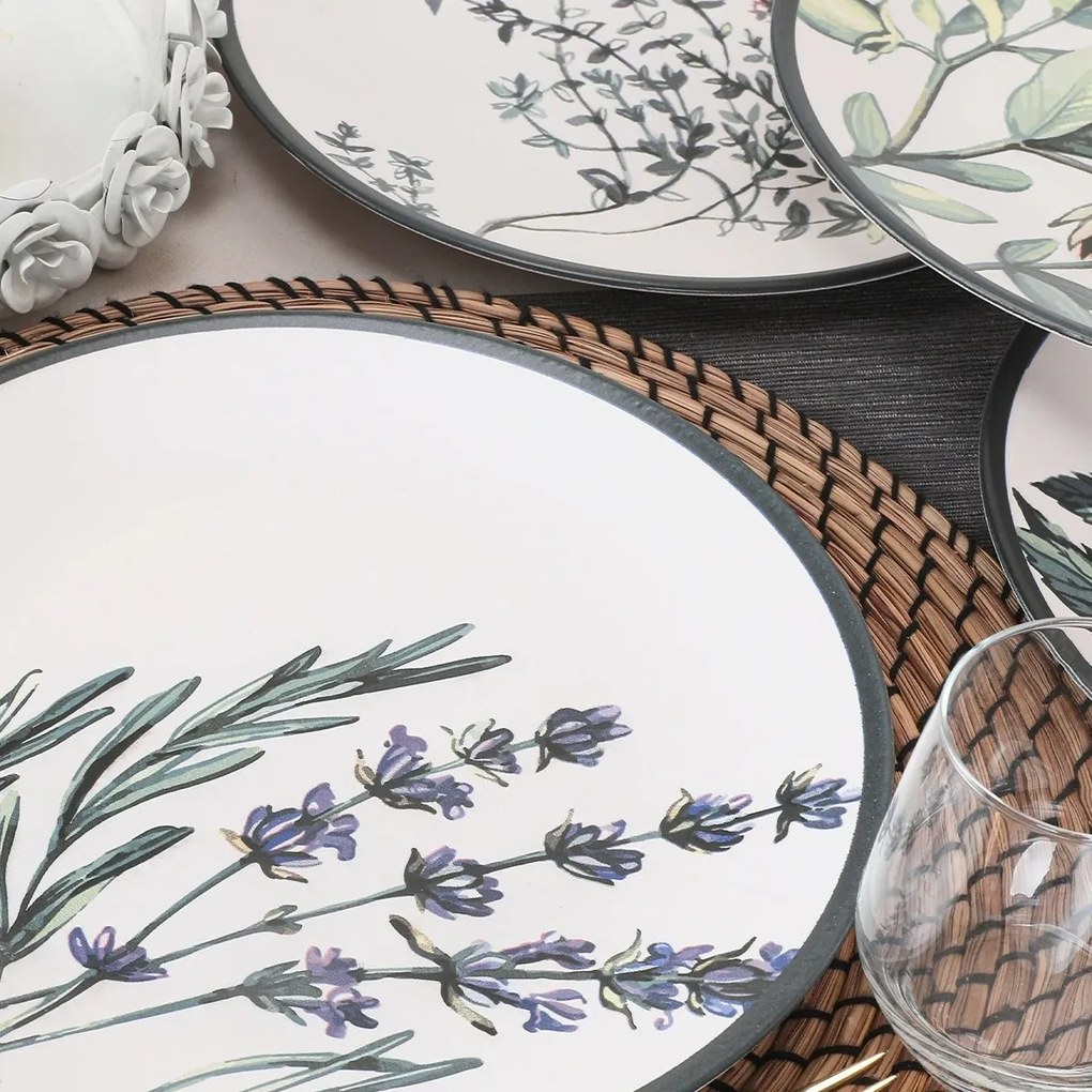 Set of 6 shallow stoneware plates Herbal 25 cm