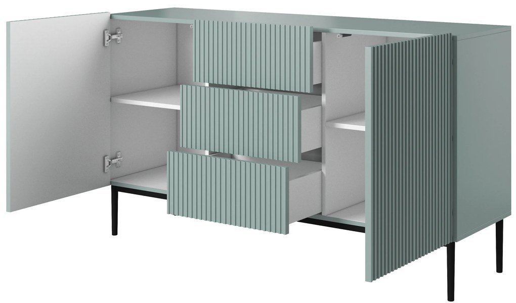 Comodă Nicole 150 cm cu trei sertare - MDF salvie / picioare negre