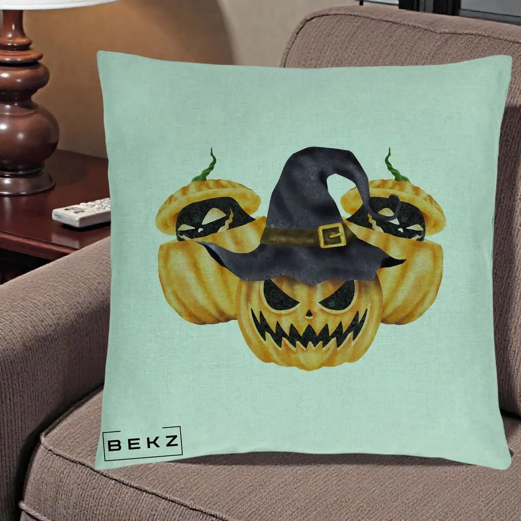 Perna de Halloween Trio Dovleci Jack-o-Lantern cu Palarie Vrajitoare, 40x40 cm cu Umplutura, Verde Menta, BEKZ