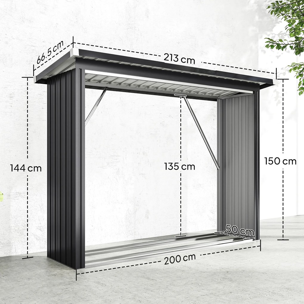 Outsunny Adăpost pentru Lemne din Oțel Exterior, Bază Ridicată și Acoperiș Înclinat, 213x66.5x150 cm, Gri Închis | Aosom Romania