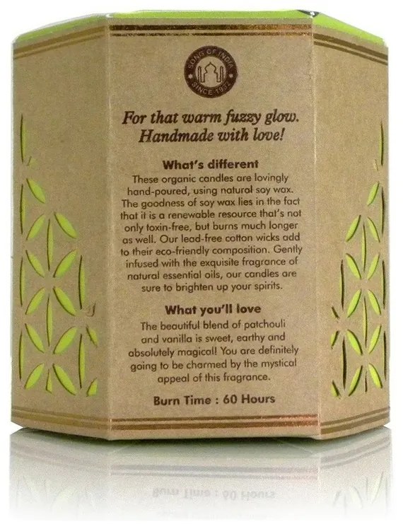 Lumânare organică Patchouli Vanilie 200 g însticlă nuanță chilimbar