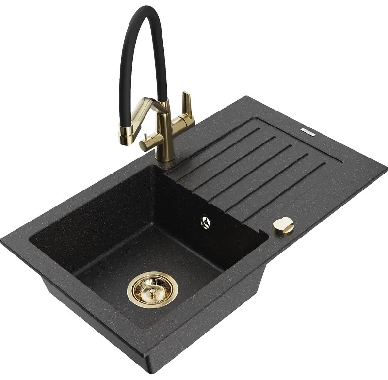 Mexen Pablo chiuvetă de bucătărie din granit cu 1 cuvă, cu scurgător și baterie Duo, negru/argintiu metalic