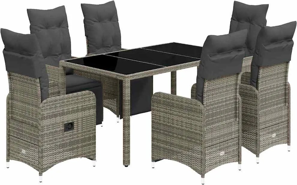 vidaXL Set bistro de grădină cu perne, 7 piese, gri, poliratan