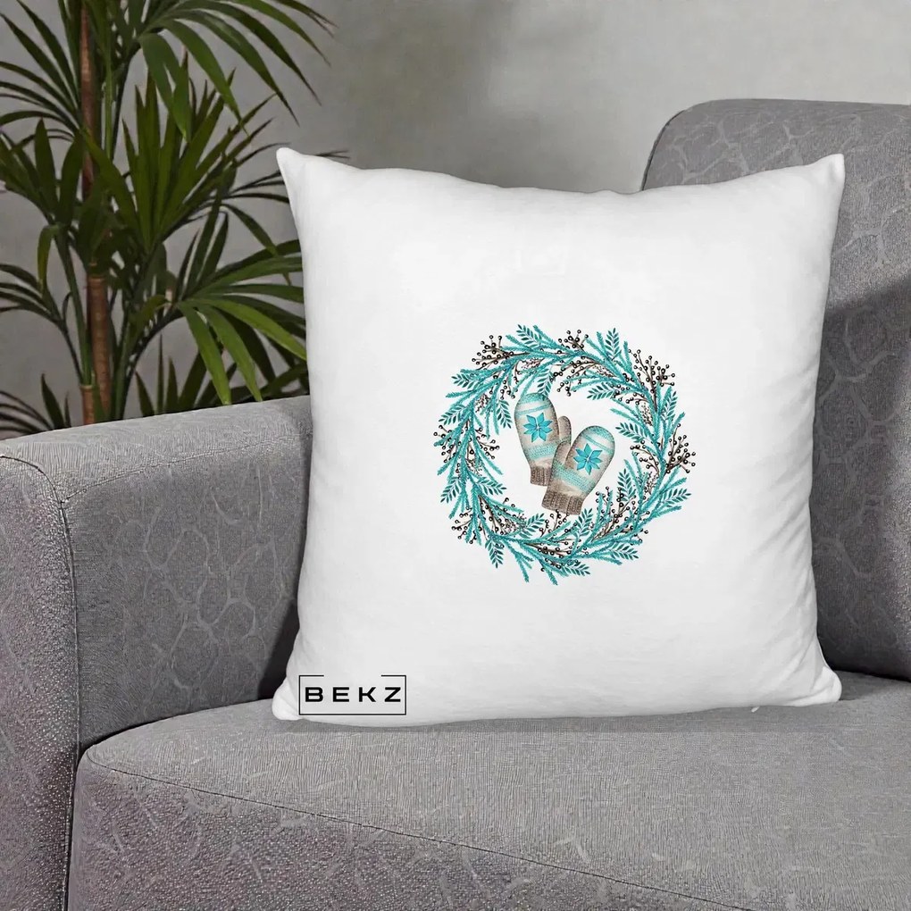 Perna Decorativa Coroana Turcoaz cu Manusi, 40x40 cm, Alb Pufos, Husa Detasabila, Perna Inclusa, BEKZ®