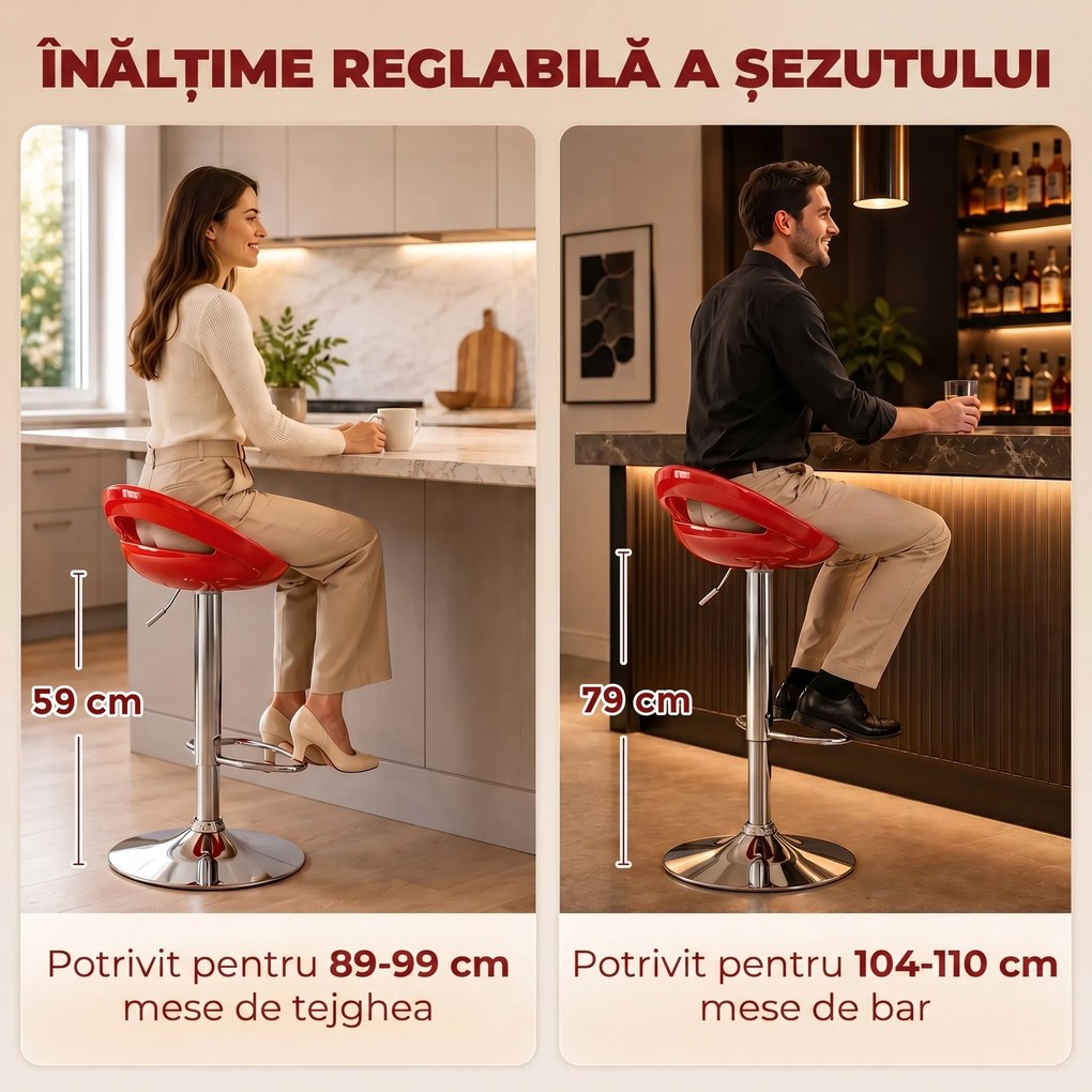 HOMCOM Set 2 Scaune de Bar Rotative cu Suport pentru Picioare și Înălțime Reglabilă, 46x41x76-96 cm, Roșu | Aosom Romania