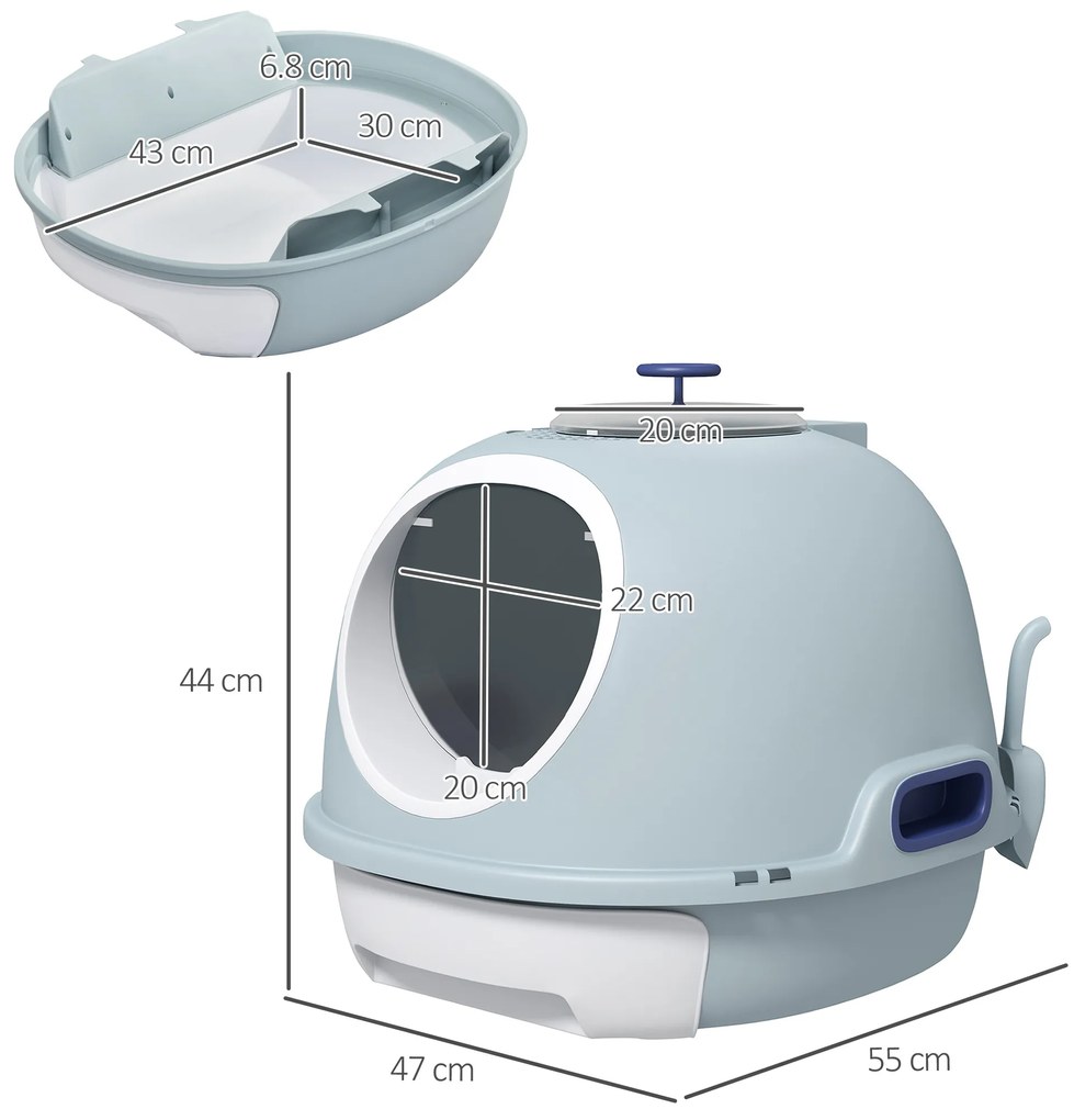 PawHut Litieră Pisici Capac, Acoperită, Tavă Detașabilă, 2 Intrări, Lopățică, 47x55x44cm, Albastru | Aosom Romania
