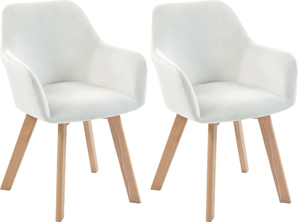 HOMCOM Set de 2 scaune pentru sufragerie Scaun Șezut tapițat din țesătură cu efect catifelat Picioare din lemn, crem | Aosom Romania